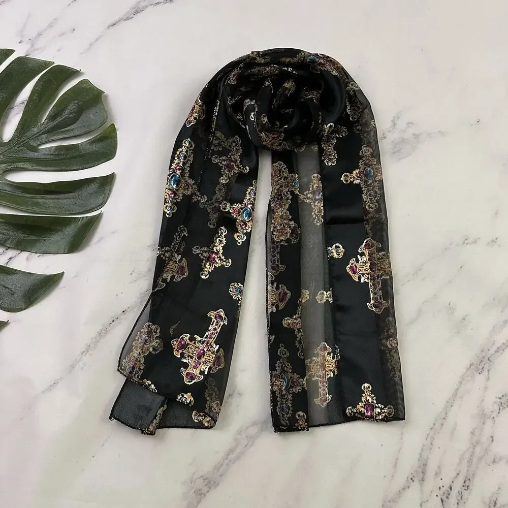 Womens Vintage 90s Lightweight Scarf Jeweled Cross Print Stripe Black Gold